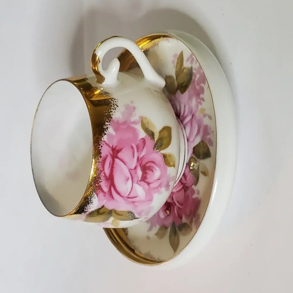 Vintage Norchest Fine China  Pink rose and gold trim unique tea cup &saucer